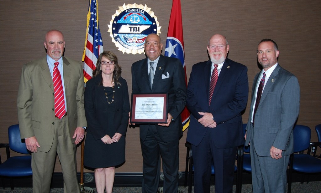 From L-R: TBI Deputy Director Jeff Puckett, North Carolina State Bureau of Investigation Special Agent Amanda Nosalek, TBI Director Mark Gwyn, TBI Assistant Special Agent-in-Charge Skip Elrod, TBI Deputy Director Jason Locke